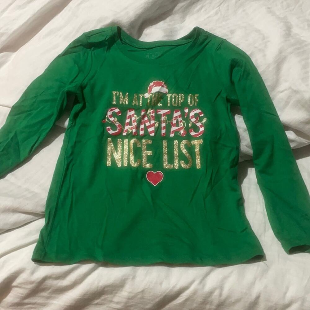 The children’s place green 5t Santa’s nice list shirt worn once